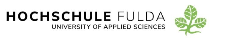 Das Bild zeigt das Logo der Hochschule Fulda – University of Applied Sciences. Es besteht aus dem Schriftzug „HOCHSCHULE FULDA“ in schwarzer Großschrift. Darunter steht „University of Applied Sciences“ in kleinerer Schrift. Daneben befindet sich ein grünes Blatt-Symbol.